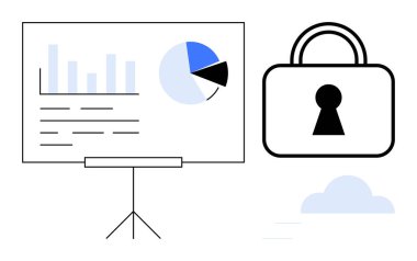 Büyük bir güvenlik kilidinin yanında bar çizelgesi ve pasta çizelgesi gösteren sunum tahtası. Veri analizi, siber güvenlik, iş sunumları, teknoloji görüşmeleri, internet güvenliği, güvenli veriler için ideal