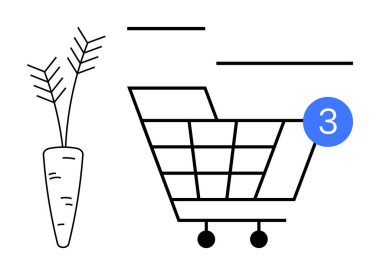 Havuç ve tebligat sembollü alışveriş arabası market alışverişi, yemek teslimatı ve online siparişleri birleştiriyor. Perakende, e-ticaret, market, sağlıklı beslenme, diyet için ideal.