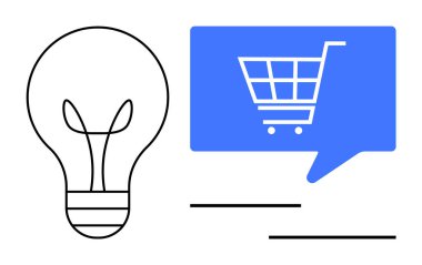 Ampul ve alışveriş arabası sembollü mavi konuşma balonu. E-ticaret, online alışveriş, yenilik, dijital pazarlama, iş fikirleri, perakende stratejileri, yaratıcı çözümler için idealdir. Satır metaforu