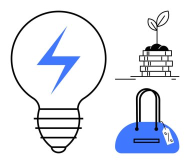 İçinde elektrikli cıvata olan bir ampul istiflenmiş paralardan filizlenen bir bitki ve fiyat etiketli mavi bir çanta. Sürdürülebilirlik, finans, yenilik, perakende, yatırım, enerji verimliliği için ideal