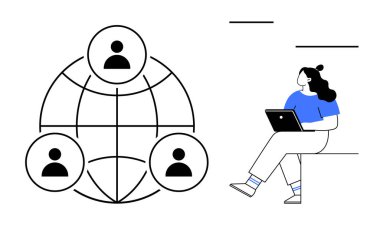 Laptop kullanan bir kadın, dünya çapında üç kullanıcıya bağlı, uzaktan çalışmayı ve iletişimi sembolize ediyor. Uzak çalışma, küresel işbirliği, sanal toplantılar, çevrimiçi öğrenme, sosyal ağ kurmak için ideal