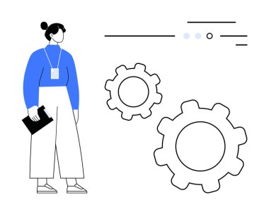 Pano tutan iş kadını büyük viteslerin yanında duruyor. Üzerinde de süreç akışını gösteren çizgiler ve noktalar var. İş stratejisi, proje yönetimi, takım çalışması, iş akışı, üretkenlik ve planlama için ideal