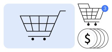 Üç öğeyi gösteren bir alışveriş arabası. Yanında dolar işaretleri olan bozuk para sembolleri. E-ticaret, çevrimiçi alışveriş, işlem, perakende iş, satış analizi, dijital