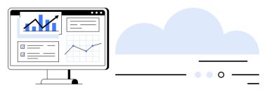 Bilgisayar monitörü, bir bulut sembolünün yanında yukarı doğru eğilimli çeşitli veri analiz grafikleri ve grafikleri gösteriyor. İş analizi için ideal, veri görselleştirme, bulut hesaplama, performans