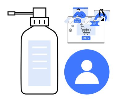 E-ticaret alımı ve kullanıcı kimliği simgesinin yanında büyük bir pompa şişesi. Çevrimiçi alışveriş, teknoloji, e-ticaret, kullanıcı deneyimi, hijyen, dijital işlemler, güvenlik farkındalığı için ideal. Satır metaforu