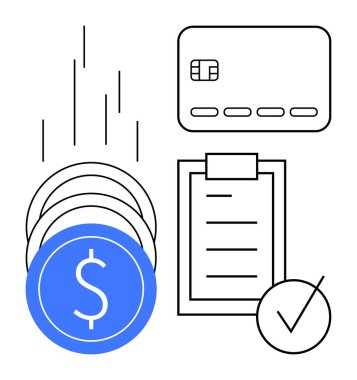 Kredi kartı, dolar işaretli bozuk paralar, işlem makbuzu panosu ve işaretleme çemberi. Finans uygulamaları, bütçe, işlemler, ödeme takibi, bankacılık faturaları için ideal