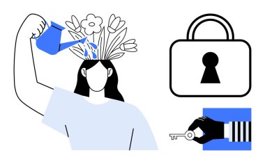 Woman waters flowers growing from her head, padlock beside hand holding key. Ideal for self-growth, mental health, creativity, personal development, unlocking potential, mindfulness motivation. Line clipart