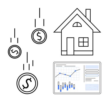 Ev ikonu, düşen paralar, grafikler ve verilerle analitik çizelgeler. Emlak piyasası analizi, mali büyüme stratejisi, yatırım planlaması, ekonomik raporlar, iş sunumları için ideal