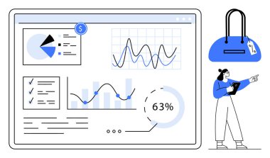 İş kadını, grafikleri, pasta grafiği ve yüzdeleri olan büyük bir dijital ekranda finansal verileri analiz ediyor. Analiz, finans, iş stratejisi, piyasa araştırması, sunumlar, e-ticaret için ideal