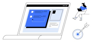 Dijital içeriği gösteren bir dizüstü bilgisayar ve dizüstü bilgisayar kullanan bir kadın. Uzaktan çalışma, çevrimiçi eğitim, dijital iletişim, evden çalışma, üretkenlik, iş stratejisi, veri analizi için ideal