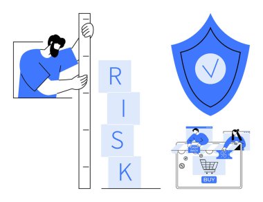 Risk bloklarını ölçen adam, işaretli kalkan ve online alışveriş alanı. İş stratejisi, risk değerlendirmesi, e-ticaret, siber güvenlik, mali planlama, uyum projesi için ideal