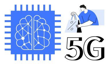 AI neural network chip, person holding shopping bags, and 5G text. Ideal for technology, AI, machine learning, e-commerce, 5G networks innovation communication. Line metaphor clipart