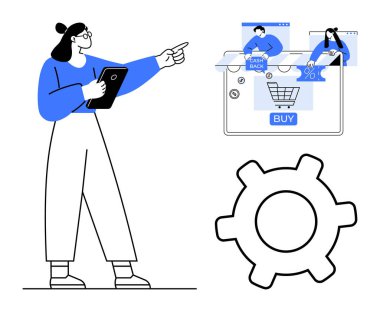 Woman pointing at online shopping interface with various icons on screen and a gear. Ideal for e-commerce, consumer behavior, digital marketing, sales strategies, user experience, online shopping clipart