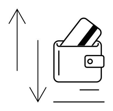 Para transferlerini sembolize eden oklarla birlikte kredi kartı cüzdana yerleştiriliyor. Finans, bankacılık, e-ticaret, harcama, tasarruf, bütçe, kişisel finans için ideal. Satır metaforu