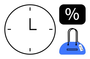 Siyah kalemli büyük saat, indirim yüzdesi sembolü ve fiyat etiketli mavi çanta. Alışveriş anlaşmaları, zaman yönetimi, perakende promosyonlar, moda satışları, indirimler, indirimler için ideal