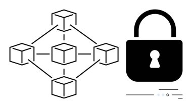 Blockchain ağı, veri güvenliğini temsil eden bir asma kilit simgesinin yanındaki çizgilerle bağlantılı. Teknoloji entegrasyonu, siber güvenlik, dijital işlemler, veri koruması, güvenlik için ideal