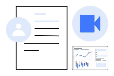 Tablet ekranında verileri gösteren profil, video çağrı simgesi ve grafik sayfası. Uzak çalışma, dijital işbirliği, çevrimiçi toplantılar, sanal takımlar, veri analizi, proje için ideal