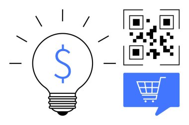 Dolar sembollü ampul, QR kodu ve alışveriş arabalı mavi konuşma balonu. Dijital ödemeler, e-ticaret, ticari yenilik, pazarlama stratejileri, teknoloji, çevrimiçi alışveriş için ideal