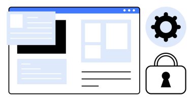 Yerleşim elemanları, ayarlar ve güvenlik kilidiyle web sitesi arayüzü. Web tasarımı, siber güvenlik, veri gizliliği, kullanıcı erişimi kontrolü, yazılım geliştirme güvenli tarama temaları için idealdir. Çizgi