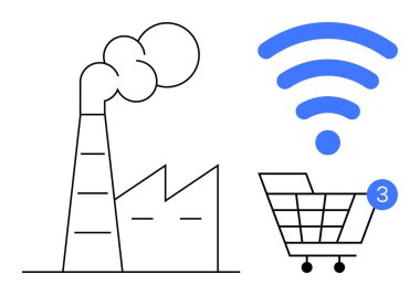 Sanayi tesisi, üç tebligat ve büyük bir kablosuz sinyalle bir alışveriş arabasının yanında duman yayıyor. Sektör 4.0 için ideal, dijitalleştirme, kablosuz teknoloji, e-ticaret, akıllı