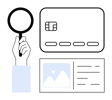 Kredi kartı detaylarını ve kimlik kartlarını araştıran bir büyüteç. Kimlik doğrulama, çevrimiçi güvenlik, dolandırıcılık önleme, mali değerlendirme, kişisel kimlik doğrulama için ideal