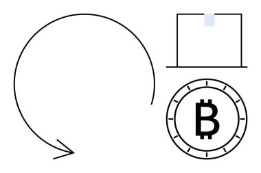 Yapışkan notlu dizüstü bilgisayar bozuk para şeklinde Bitcoin sembolü ve büyük dairesel ok. Dijital finans, kripto para birimi, ekonomik büyüme, teknoloji entegrasyonu, engelleme zinciri, yatırım için ideal