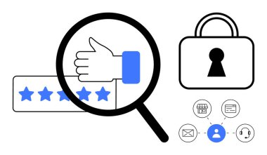 Büyüteç altında beş yıldızlı notlar, güvenliği simgeleyen kilitler, e-posta, alışveriş arabası, kullanıcı hesabı, resepsiyon, aramalar için simgeler. Müşteri hizmetleri ve güvenlik incelemeleri için ideal