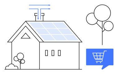 Güneş panelleri, ağaçları ve hava akışını gösteren okları olan bir ev. Mavi alışveriş arabası ikonu da dahil. Yenilenebilir enerji, ev geliştirme, eko-yaşam, çevre bilinci, e-ticaret, çevrimiçi