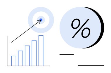 Yükselen eğilimleri, hedefi vuran oku ve büyük yüzdelik sembolü gösteren çubuk grafik. Ticari büyüme, performans ölçümleri, satış hedefleri, mali hedefler, pazar analizi, strateji için ideal