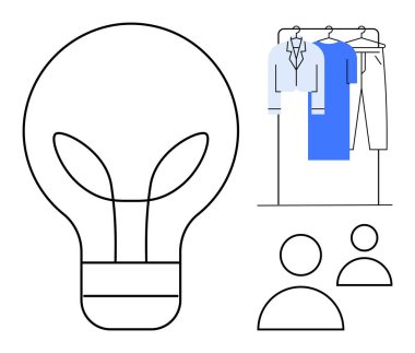 Yapraklı ampul çevre dostu fikirleri temsil ediyor, iki stilize figür, askıda giysiler. Perakende satış, sürdürülebilirlik, yenilik, takım çalışması, moda endüstrisi, çevre bilinci markalaşması için ideal