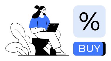 Bilgisayarda çalışan bir kadın. İnternetten alışveriş yaptığını gösteriyor. Büyük bir yüzde işareti ve Buy düğmesi indirim ve promosyon öneriyor. E-ticaret, perakende, satış, çevrimiçi alışveriş, dijital pazarlama için ideal
