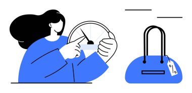 Uzun saçlı bir kadın hız göstergesi tutuyor, bir bölümü işaret ediyor. Fiyat etiketli şık bir mavi çanta. Alışveriş, satış, finans, pazarlama, zaman yönetimi iş hayatı için ideal. Çizgi