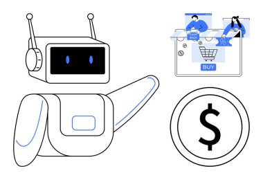 Alışveriş arabasının arayüzünü işaret eden robot, kullanıcıların dolar işaretlerini karıştırması. E-ticaret, yapay zeka, dijital alışveriş, finansal teknoloji, müşteri hizmetleri, satış otomasyonu yenilikleri için idealdir. Çizgi