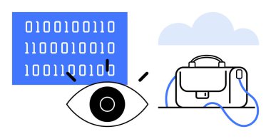 Üstünde bulut olan bir evrak çantasının yanında ikili kod gözlemliyor. Veri güvenliği, dijital izleme, gizlilik, bulut depolama, siber güvenlik, iş zekası, görsel