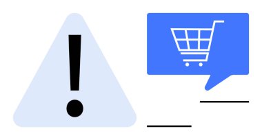 Üçgen içinde ünlem işareti ve alışveriş arabalı mavi konuşma balonu. E-ticaret, güvenlik uyarıları, çevrimiçi alışveriş, dijital pazarlama, bildirimler, uyarılar ve müşteri hizmetleri için ideal