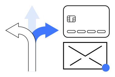 Üç ok ayrıştırma, kredi kartı ve zarf ikonu. Finansal hizmetler, iletişim, karar verme, navigasyon, e-posta, dijital içerik ve pazarlama konuları için ideal. Satır metaforu