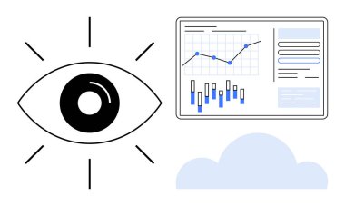 Veri analizinin yanı sıra aşağıdaki grafik ve çizelgelerin yer aldığı bir göz sembolü. Veri görselleştirme, analitik, teknoloji, bulut hesaplama, yazılım, pazar araştırması ve İnternet için ideal