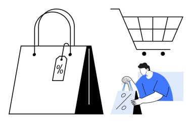 Üstünde indirim etiketi olan bir alışveriş çantası tutan adam. Büyük bir alışveriş çantası ve alışveriş arabası yakın plan. Perakende, e-ticaret, promosyonlar, indirimler, çevrimiçi alışveriş, pazarlama ve tüketici davranışı için ideal