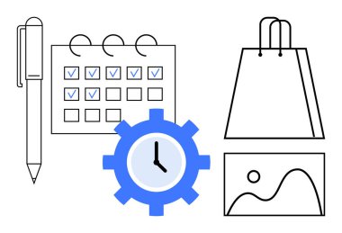 Kalem, kontrol işaretli takvim, mavi dişli saat, alışveriş çantası ve manzara resmi. Zaman yönetimi, verimlilik, iş planlama, alışveriş organizasyonu için ideal. Çizgi