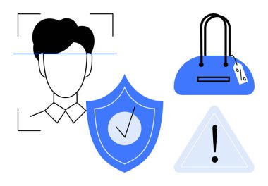 Yüz tanıma teknolojisi, işaretli kalkan, etiketli el çantası ve dikkat üçgeni uyarısı. Güvenlik, yüz tanıma, gizlilik koruması, perakende satış, tanımlama alarm sistemleri için ideal