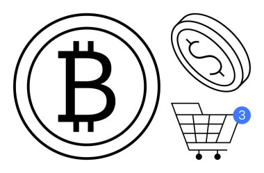 Bitcoin ve dolar paralarının yanında üç yeni eşyayı gösteren bir de uyarı kartı var. E-ticaret, çevrimiçi alışveriş, dijital para birimi, mobil uygulamalar, finans, alımlar için ideal