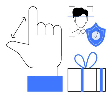 El yapımı jest, yüz tanımalı kullanıcı profili işaretli güvenlik kalkanı ve kurdeleli hediye kutusu. Kullanıcı arayüzü, güvenlik, teknoloji, çevrimiçi kimlik ve hediye uygulamaları için ideal