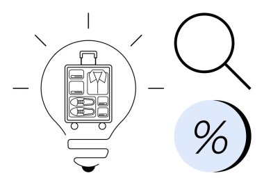 Seyahat planlama ve paketleme etkinliğini temsil eden bir ampulün içinde giysi ve ayakkabı bulunan organize bir bavul. Arama için büyüteç, anlaşmalar için yüzde işareti. Seyahat ve toplanma için ideal.