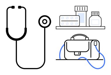 Stetoskop, ilaç şişeleri, haplar ve doktor çantası. Sağlık hizmetleri, tıbbi malzemeler, doktor bürosu, eczane lojistiği, teletıp, sağlık hizmetleri pazarlaması için ideal