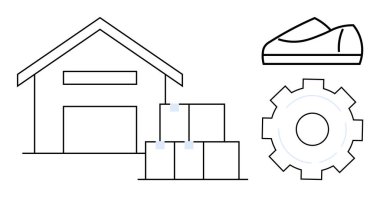 Teçhizat ve teslimat kamyonu taslağının yanında istiflenmiş kutularla dolu bir depo. Lojistik, tedarik zinciri, envanter yönetimi, nakliyat, ulaşım, imalat, depolama için ideal. Satır metaforu
