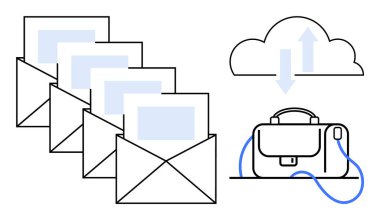 Dört zarf, evrak çantası ve oklu bulut. E- posta pazarlama, dijital depolama, bulut hizmetleri, iş iletişimi, dosya paylaşımı, uzaktan çalışma, veri aktarım temaları için ideal. Satır metaforu
