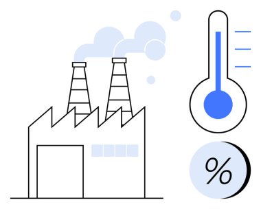 İkiz duman bulutları yayan bir fabrika. Fabrikanın yanında sıcaklık ve nem ikonları var. Çevresel farkındalık, iklim değişikliği tartışmaları, sanayi etkisi, kirlilik için ideal