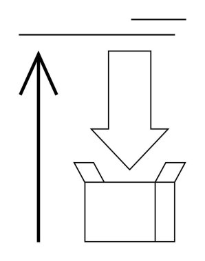 Yukarıyı gösteren dikey ok, iki yatay çizgi, aşağı doğru ok açık kutuya. Lojistik, ambalaj, nakliye, teslimat, talimat sunumları için ideal. Satır metaforu