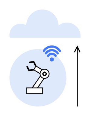 Robot kol ve kablosuz sembol yukarı doğru yükselen mavi bulut. Teknoloji otomasyonu için ideal, yapay zeka, bağlantı, yenilik, endüstri 4.0, gelecekteki kavramlar. Satır metaforu