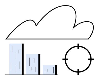 Bulut üç dikey çubuğun üzerinde geziniyor. Yan tarafında hedef sembolü olan verileri temsil ediyor. Teknoloji, veri analizi, bulut hesaplama, metrik, iş stratejisi, hassasiyet, hedef belirleme için ideal